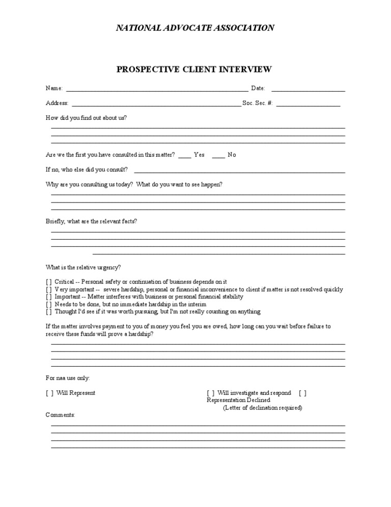 National Advocate Client Interview Form | PDF | Business