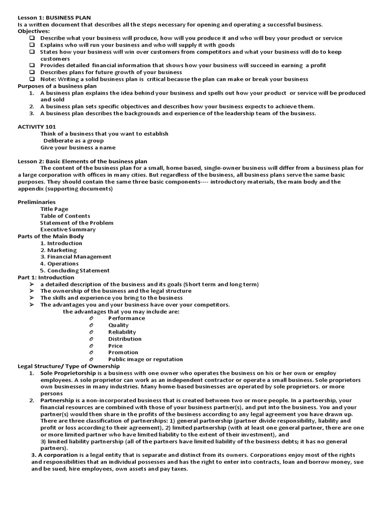 Plan PDF Partnership Sole Proprietorship