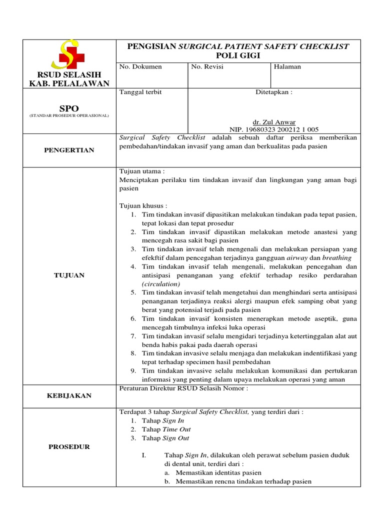 Pengisian Surgical Patient Safety Checklist | PDF
