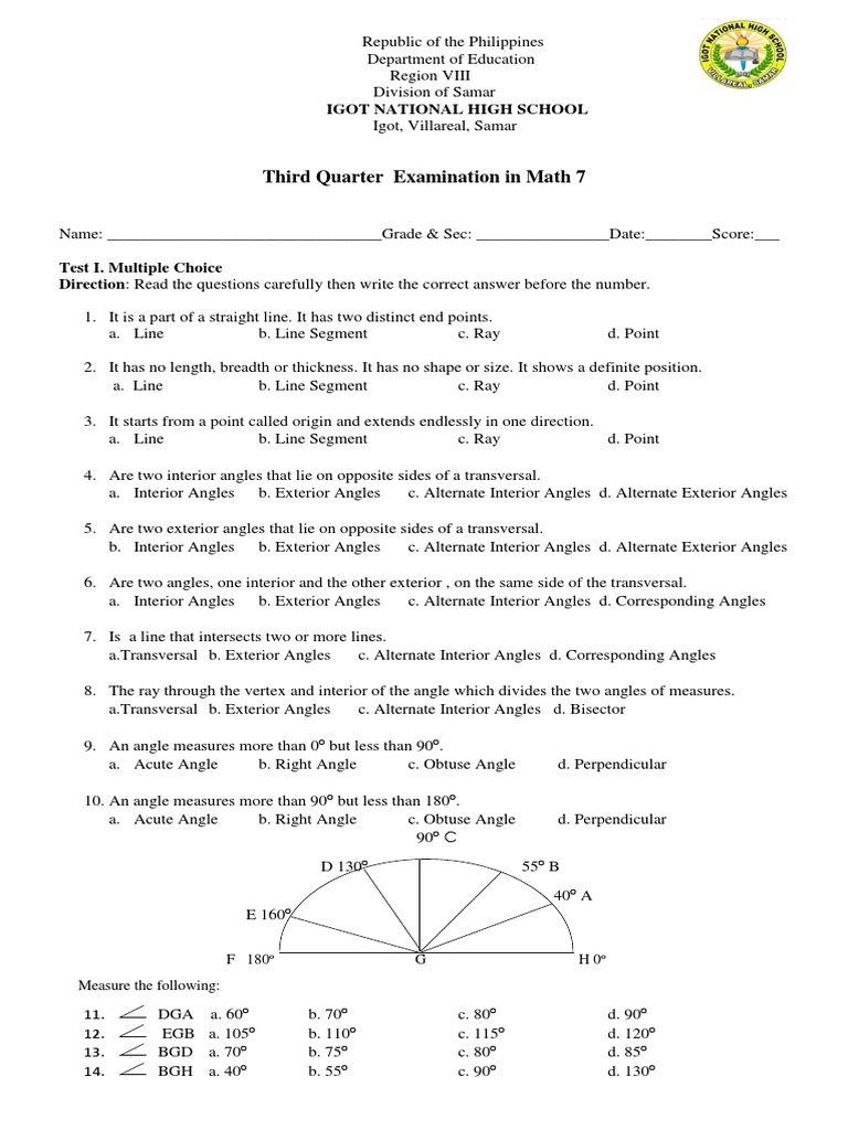 Third Quarter Examination in Math 7: Igot National High School | PDF ...