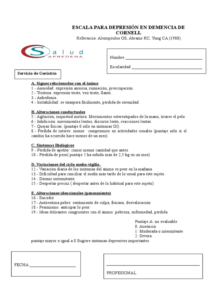 Cornell (Depresion en Demencia) | PDF