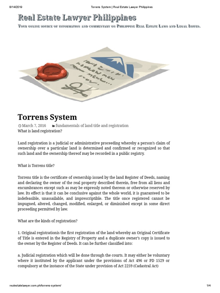 Torrens System Real Estate Lawyer Philippines PDF Real Property Title (Property)