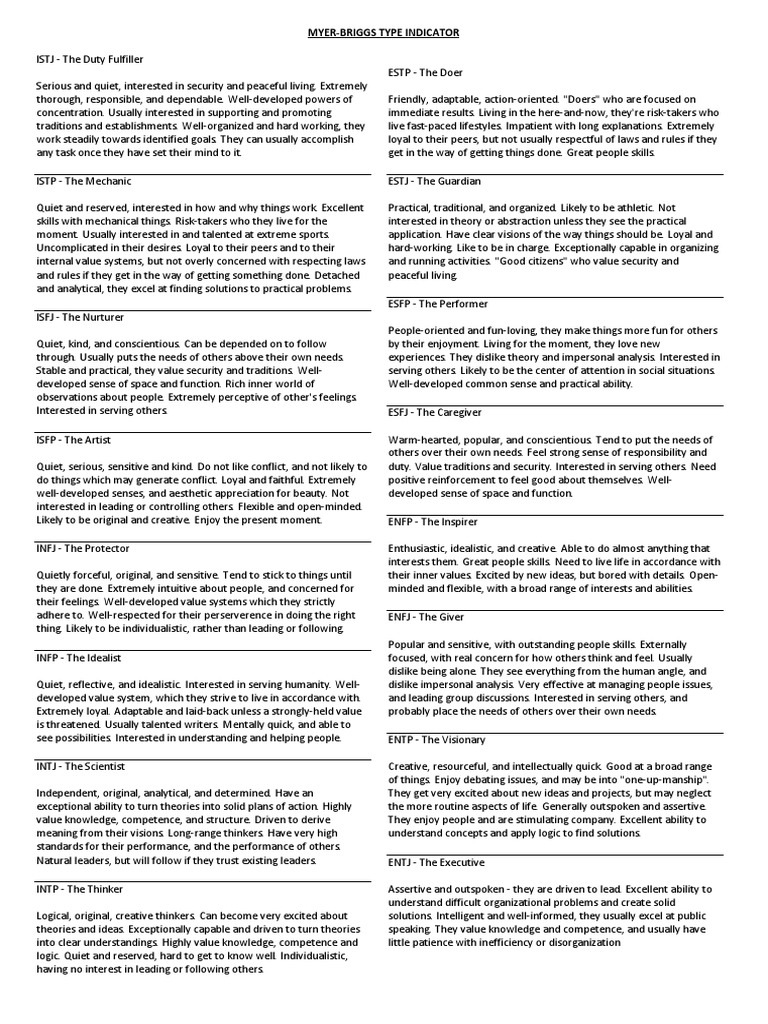 Myer-Briggs Type Indicator | PDF | Intellectual | Idealism