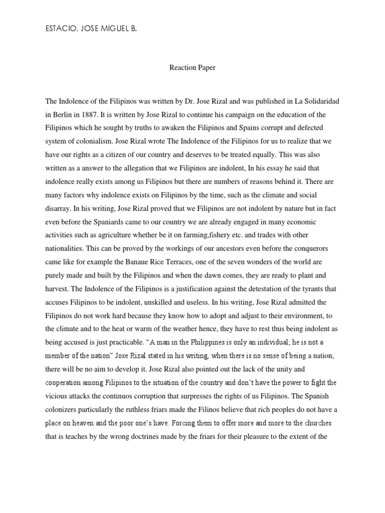 Reaction Paper Indolence of The Filipinos PDF Philippines