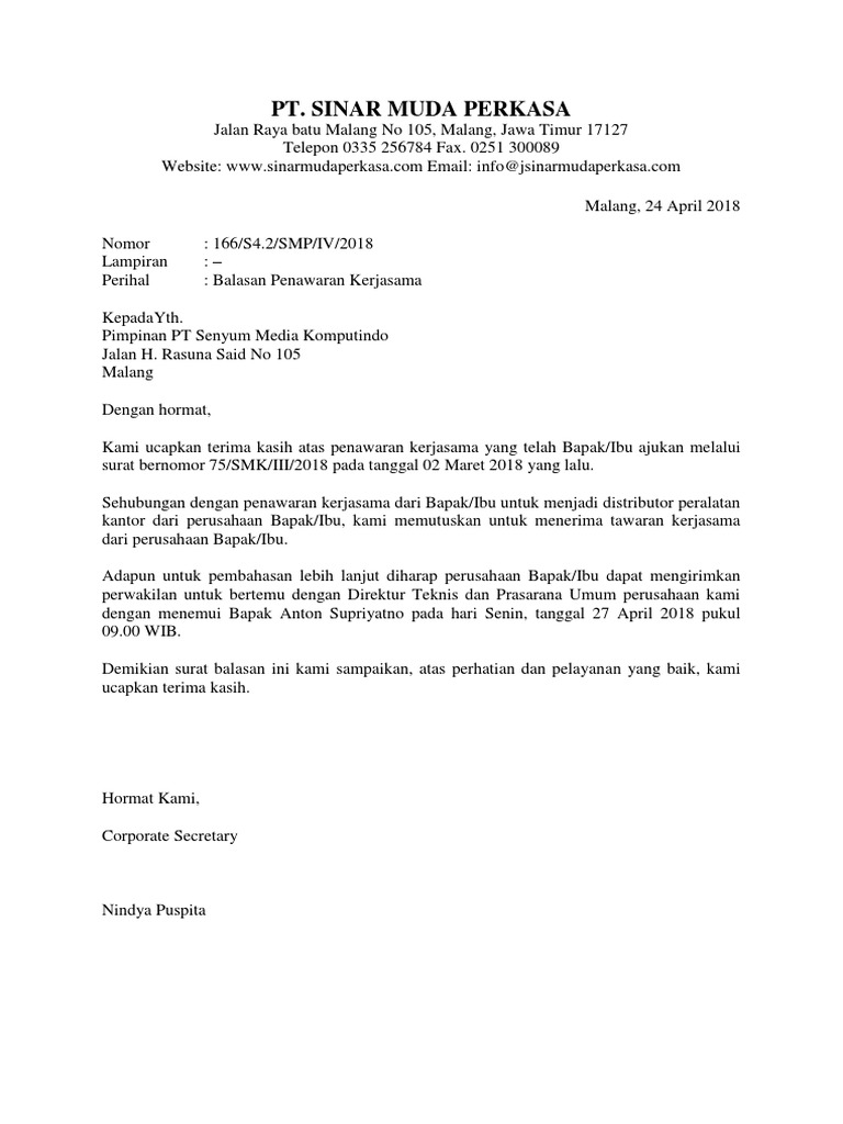 Balasan surat penawaran kerjasama 2 Contoh Surat Penawaran Dalam Bahasa Inggris.