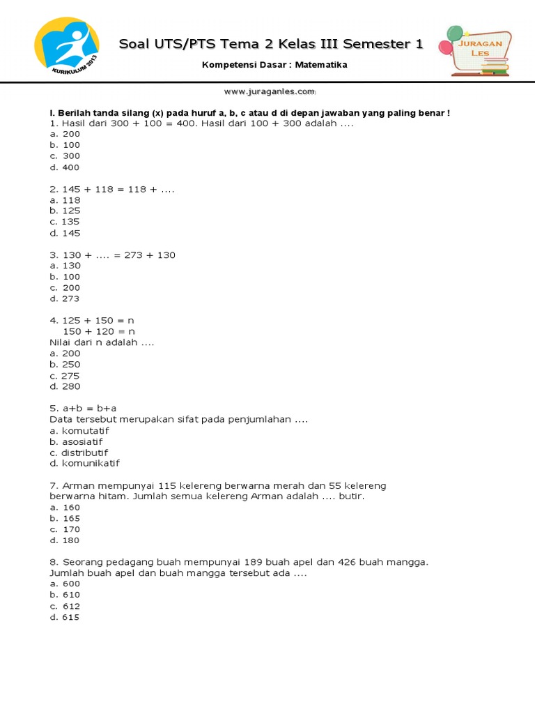 Soal UTS Matematika Kelas 3 Semester 1 | PDF | Metode & Bahan Ajar