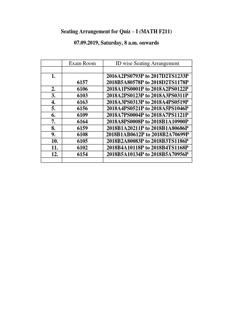 Math Quiz Seating Plan | PDF