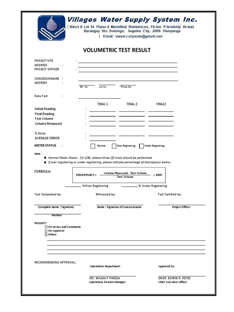 Volumetric Test Result: Project Site: Address: Project Officer ...