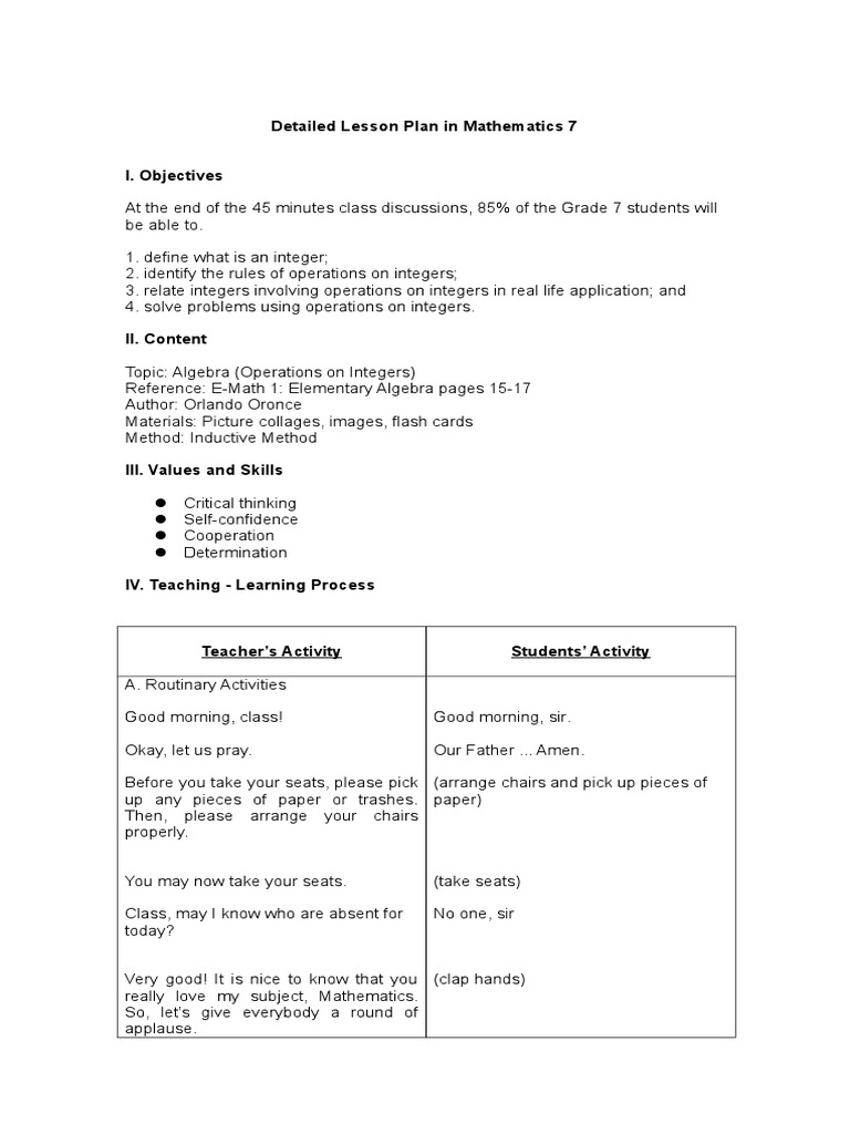 Grade 7 Integers Lesson Plan | PDF | Division (Mathematics) | Integer