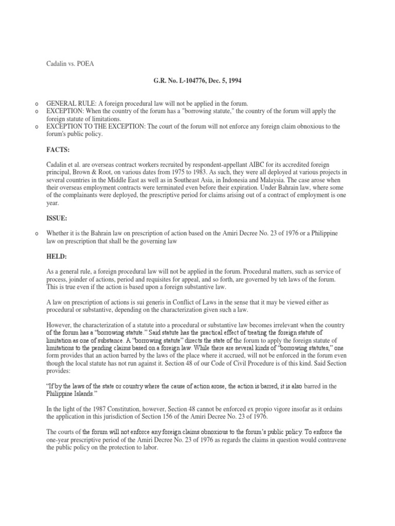 G.R. No. L104776, Dec. 5, 1994 Cadalin vs. POEA PDF Statute Of