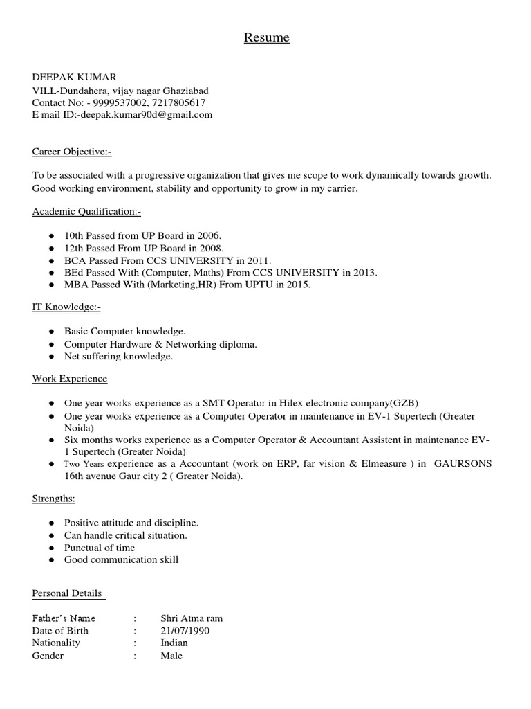 Deepak Kumar Resume - IT & Accounting Skills | PDF