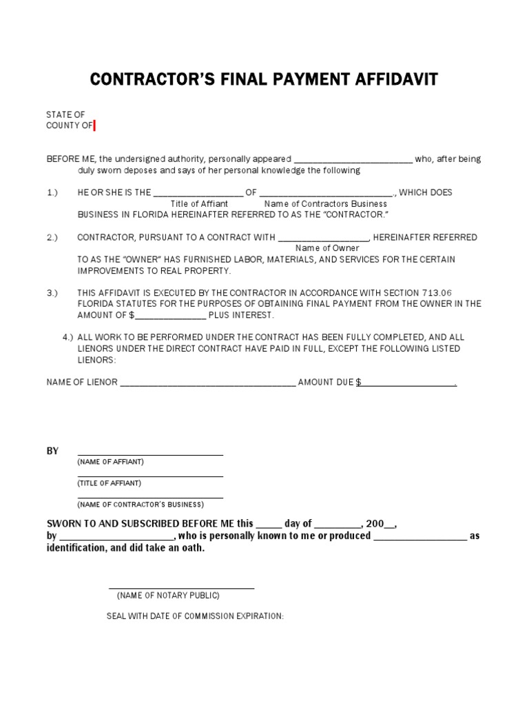 Contractor'S Final Payment Affidavit (Name of Notary Public) Seal With