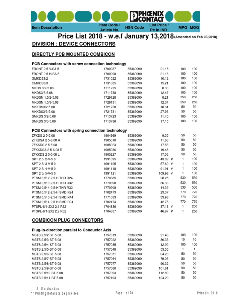 Phoenix Contact Price List 2018 | PDF | Components | Mechanical Engineering