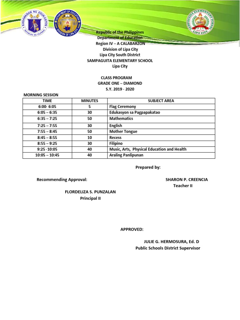 Grade One Class Program 2019-2020 | PDF