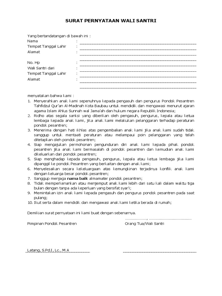 Surat Pernyataan Wali Santri Pdf