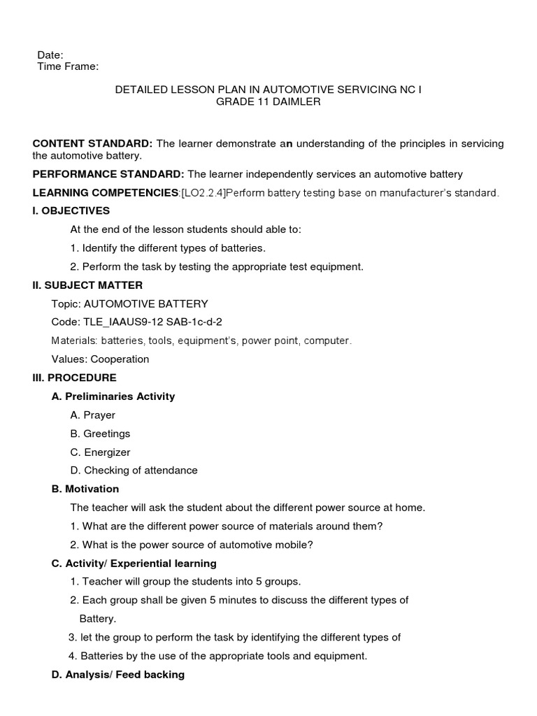Automotive Battery Lesson Plan for Grade 11 | PDF | Lesson Plan | Learning