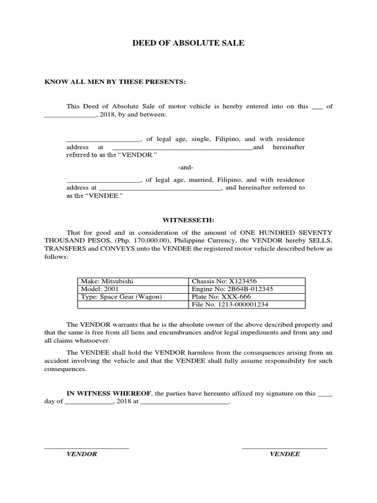 Deed of Absolute Sale Vendor Vendee PDF Deed Property