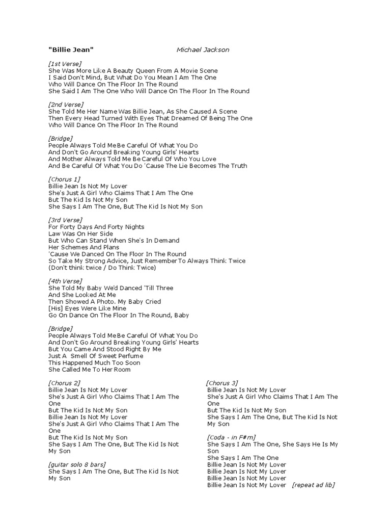 Billie Jean Lyrics Ny Pdf Song Structure