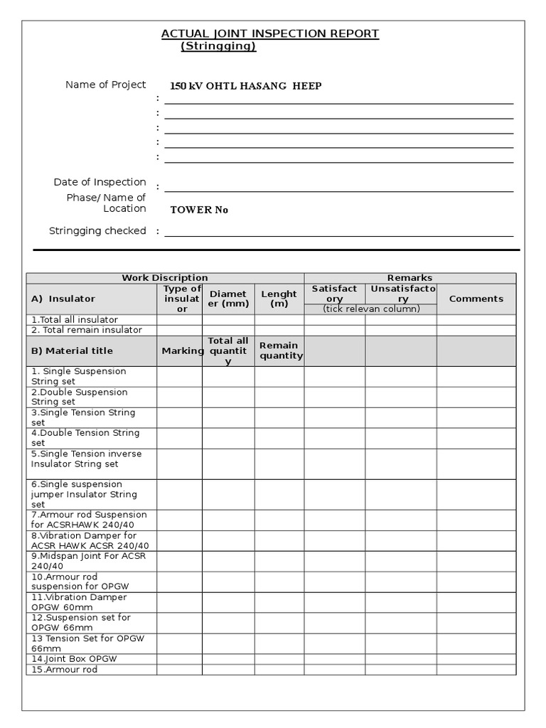 Actual Joint Inspection Report (Stringging) : Name of Project | PDF ...