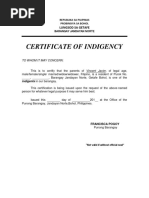 Barangay Certification of Indigency Sample | PDF