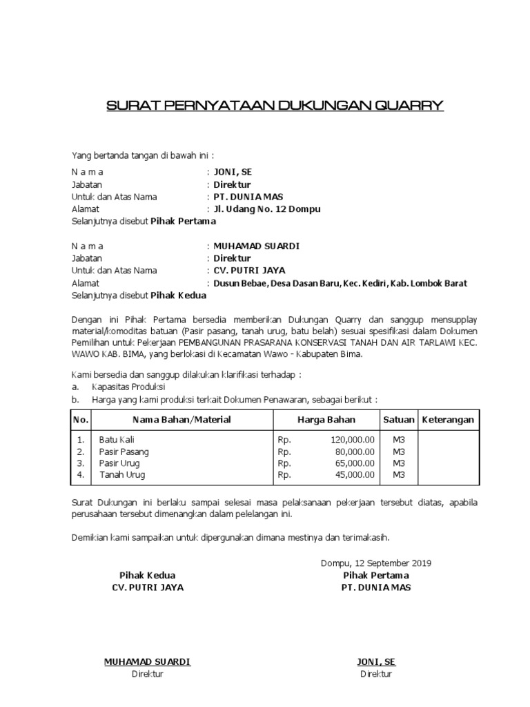 Contoh Surat Dukungan Quarry Nusagates