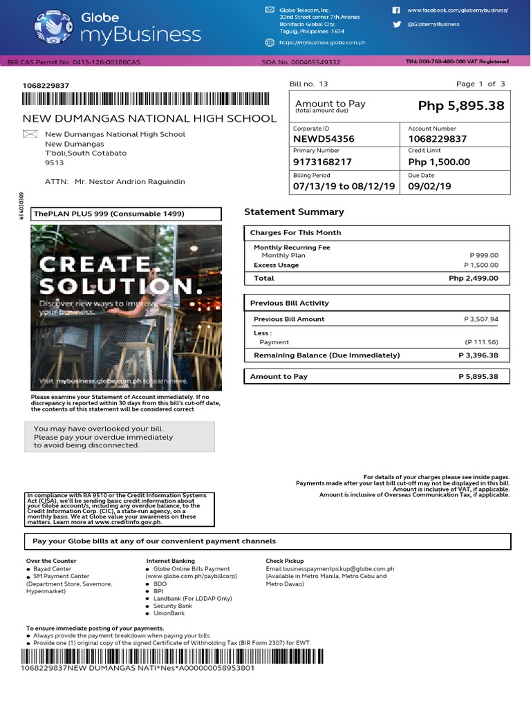 Globe Bill PDF Value Added Tax Fee