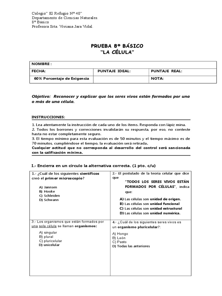 Prueba sobre la Célula 8° Básico | PDF | Citoplasma | Biología Celular)