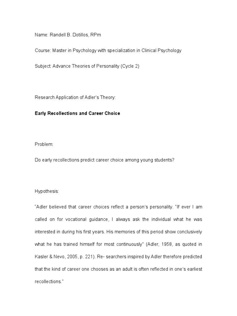 Early Recollections and Career Choice PDF Personality Type