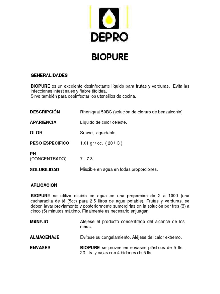 Uso y aplicación de BIOPURE desinfectante | PDF