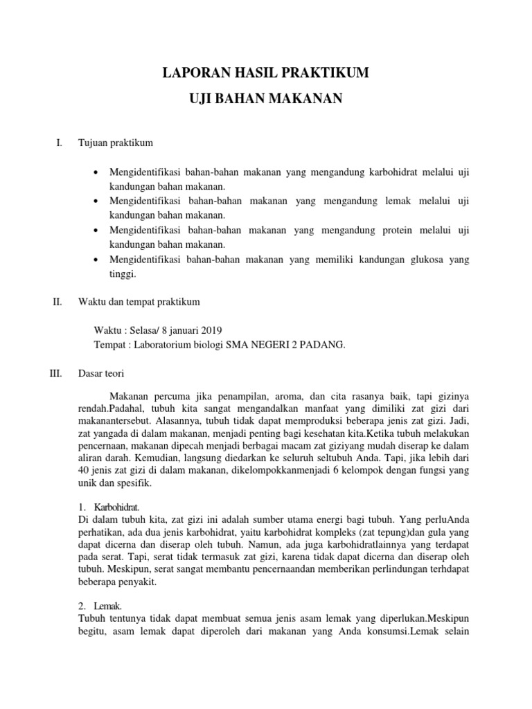 Laporan Praktikum Uji Kandungan Bahan Makanan Seputar