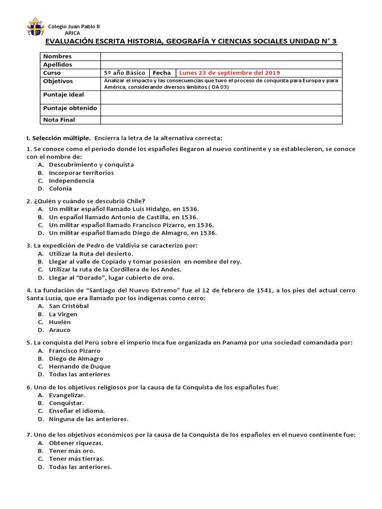 Prueba Escrita Historia Quinto Básico Unidad 3 PDF Francisco
