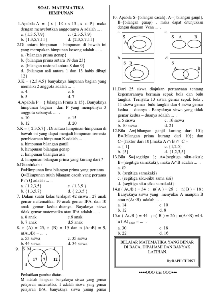 Soal Himpunan Kelas Vii