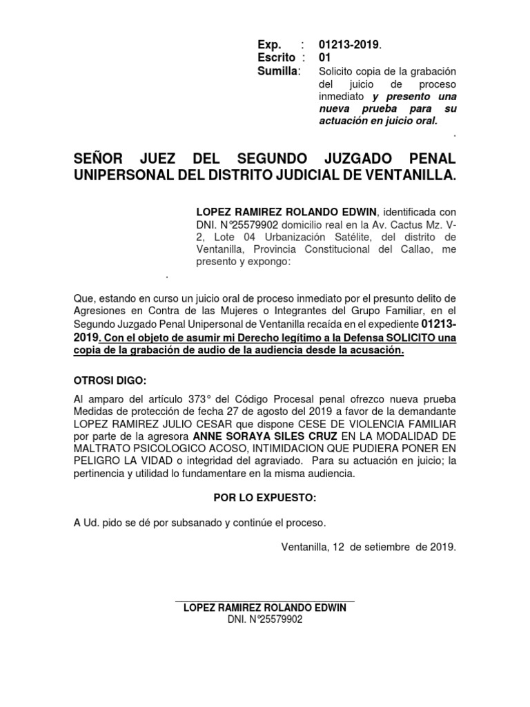 Señor Juez DEL Segundo Juzgado Penal Unipersonal Del Distrito Judicial