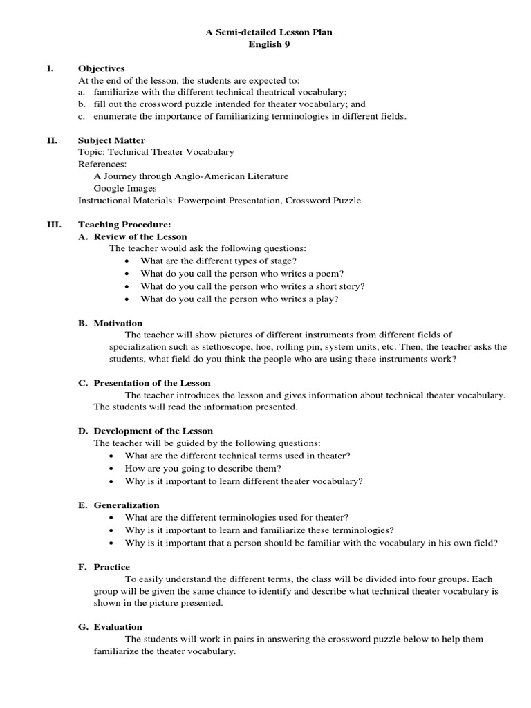 Semi-Detailed Lesson Plan On Theatrical Vocabulary | PDF | Lesson Plan ...