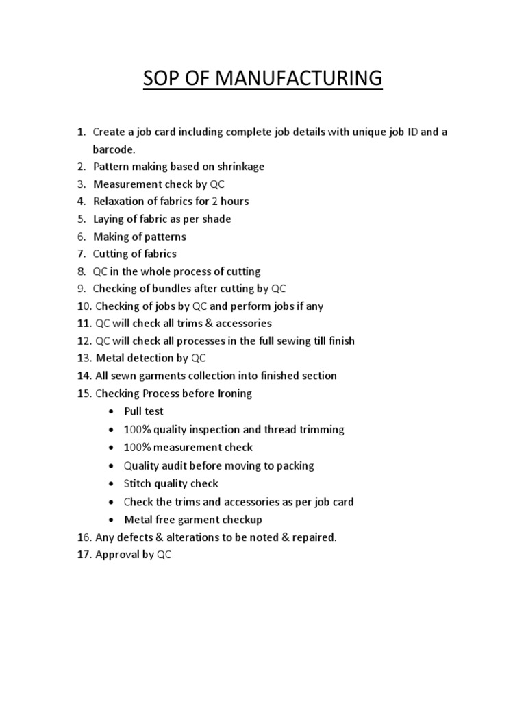 Sop of Manufacturing