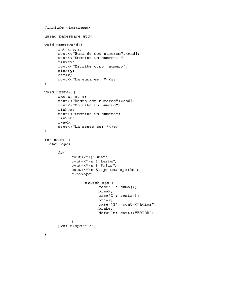Suma y Resta en C++: Ejemplo de Código | PDF | C ++ | Software Unix