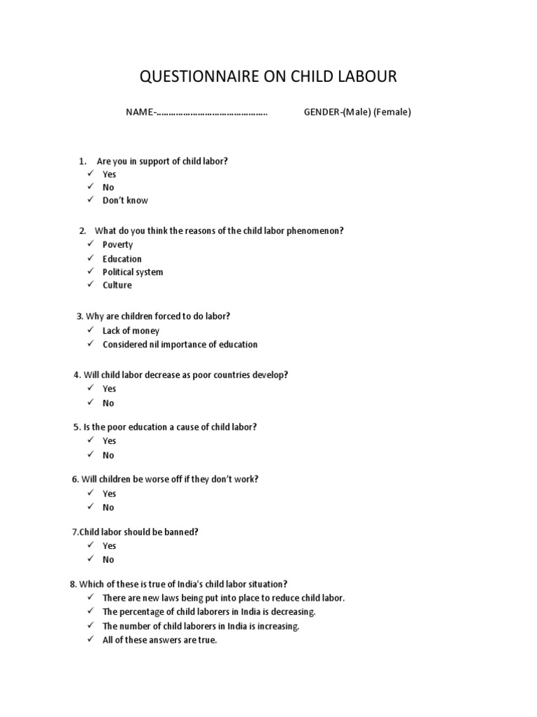 Questionnaire On Child Labour NAME………………………………………. GENDER(Male) (Female)