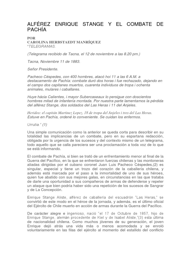 Alférez Enrique Stange y El Combate de Pachía PDF Perú Chile