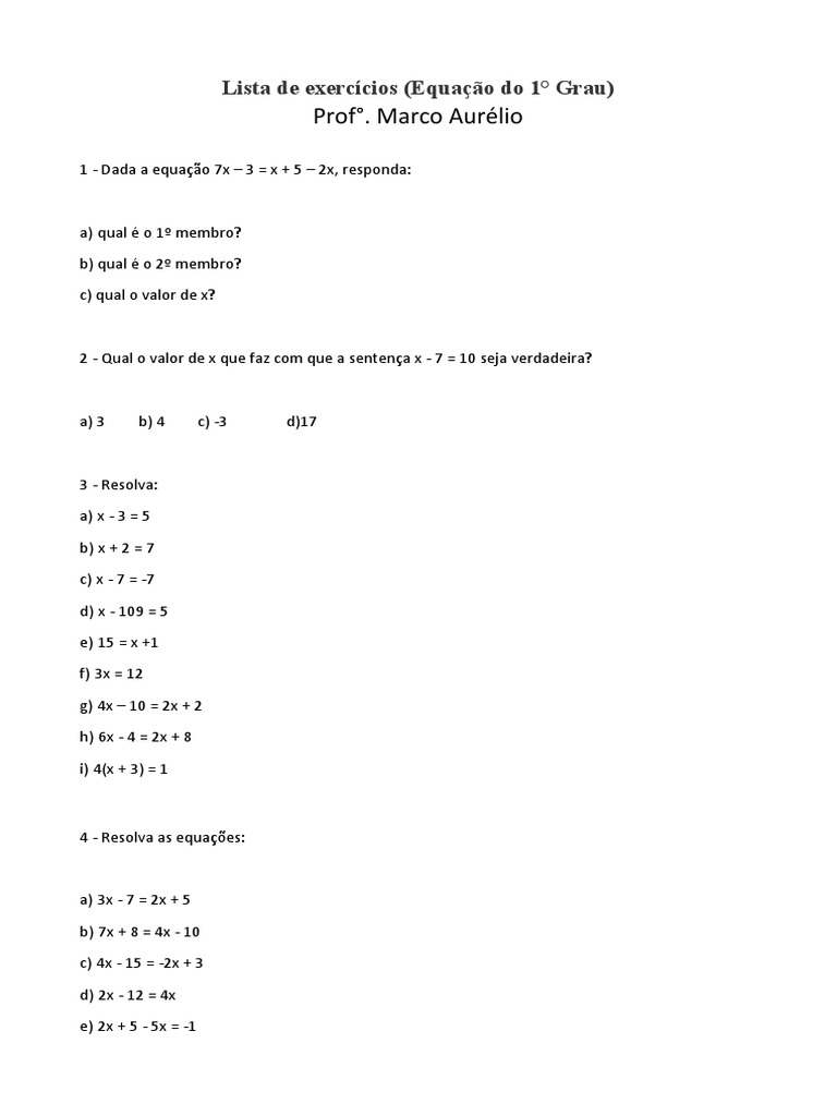 3 Lista Exercícios Equação Do 1° Grau - 7° Ano