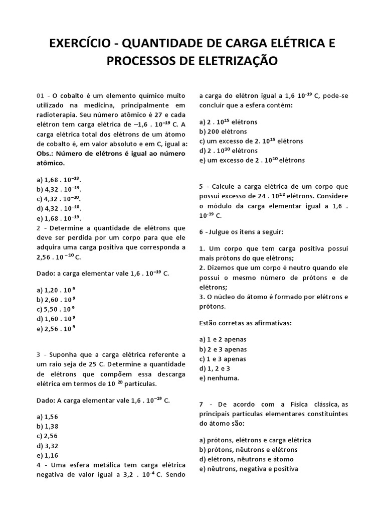 Lista de Exercício - Quantidade de Carga e Eletrização | Carga Elétrica ...