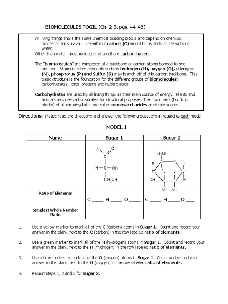 BIOMOLECULES POGIL (Ch. 23, Pgs. 4448) Ratio of Elements PDF Biomolecules Carbohydrates