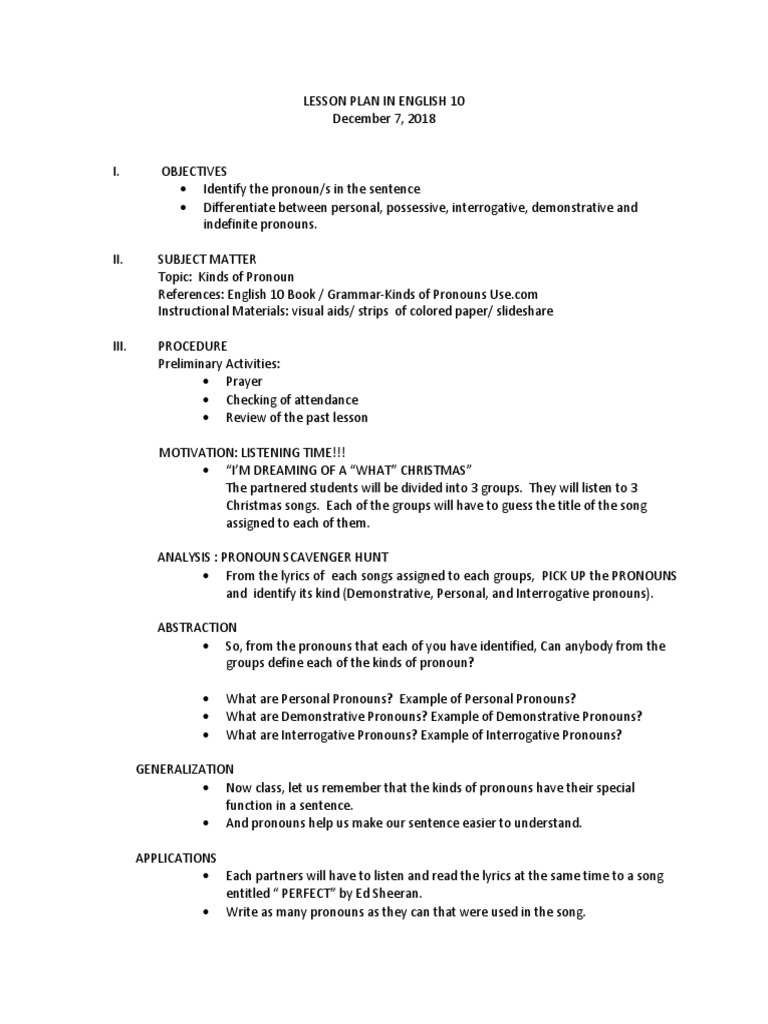 Lesson Plan In English 10 Ko Pdf Pronoun English Language