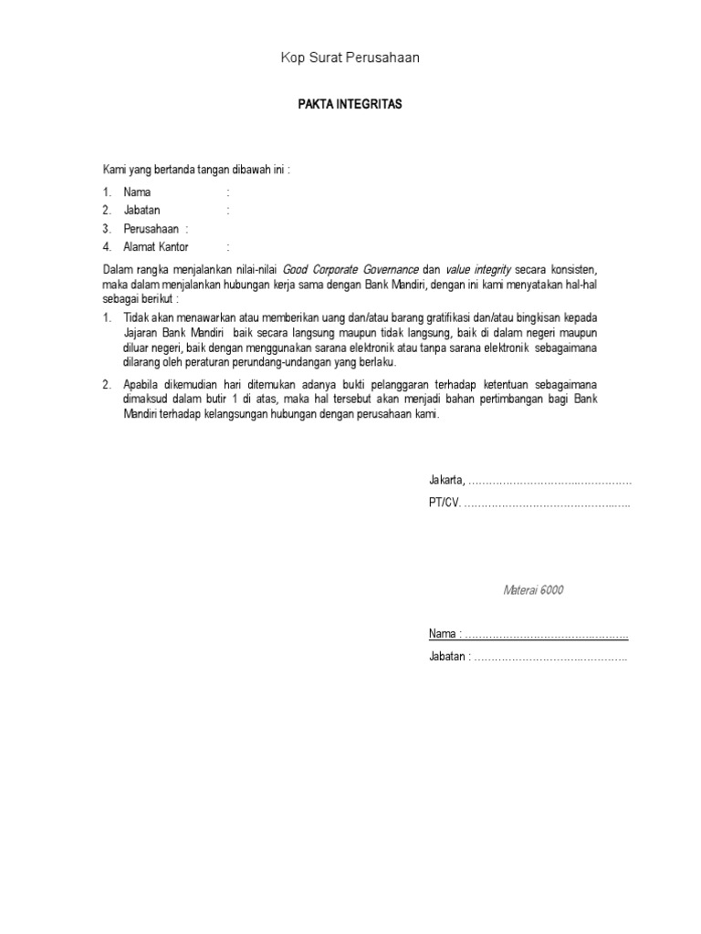 Contoh Pakta Integritas