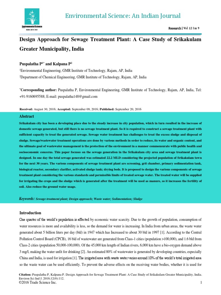 Design Approach For Sewage Treatment Plant A Case Study of Srikakulam ...