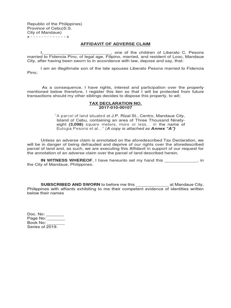 Affidavit of Adverse Claim Example | PDF | Law | Social Science