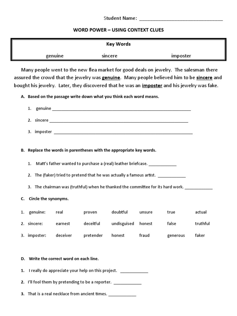 Word Power: Context Clues Exercise | PDF