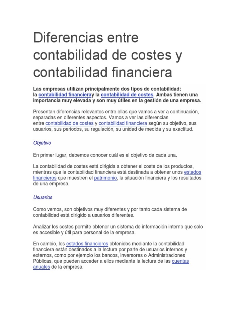 Diferencias entre contabilidad financiera y de costos | PDF | Estado de ...