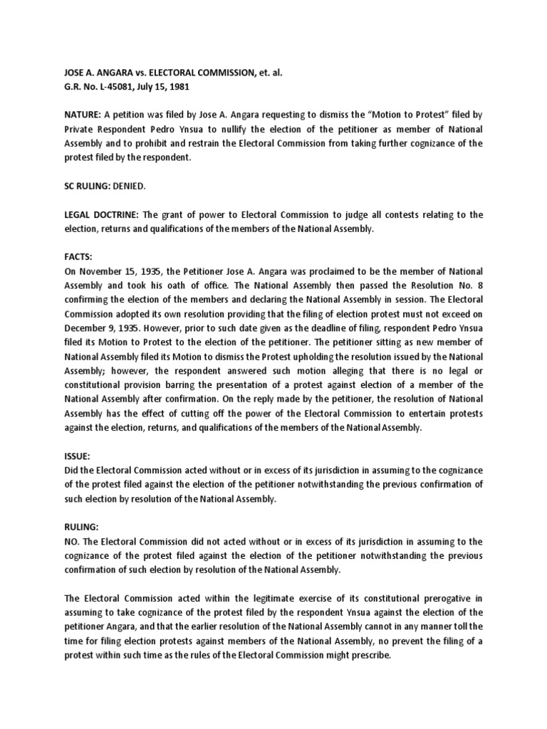 Angara vs. Electoral Commission Ruling | PDF | Constitutional Law ...