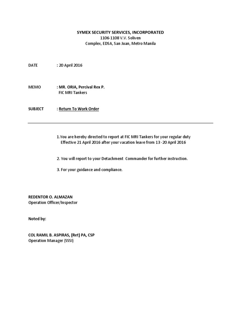 Return To Work Order | PDF