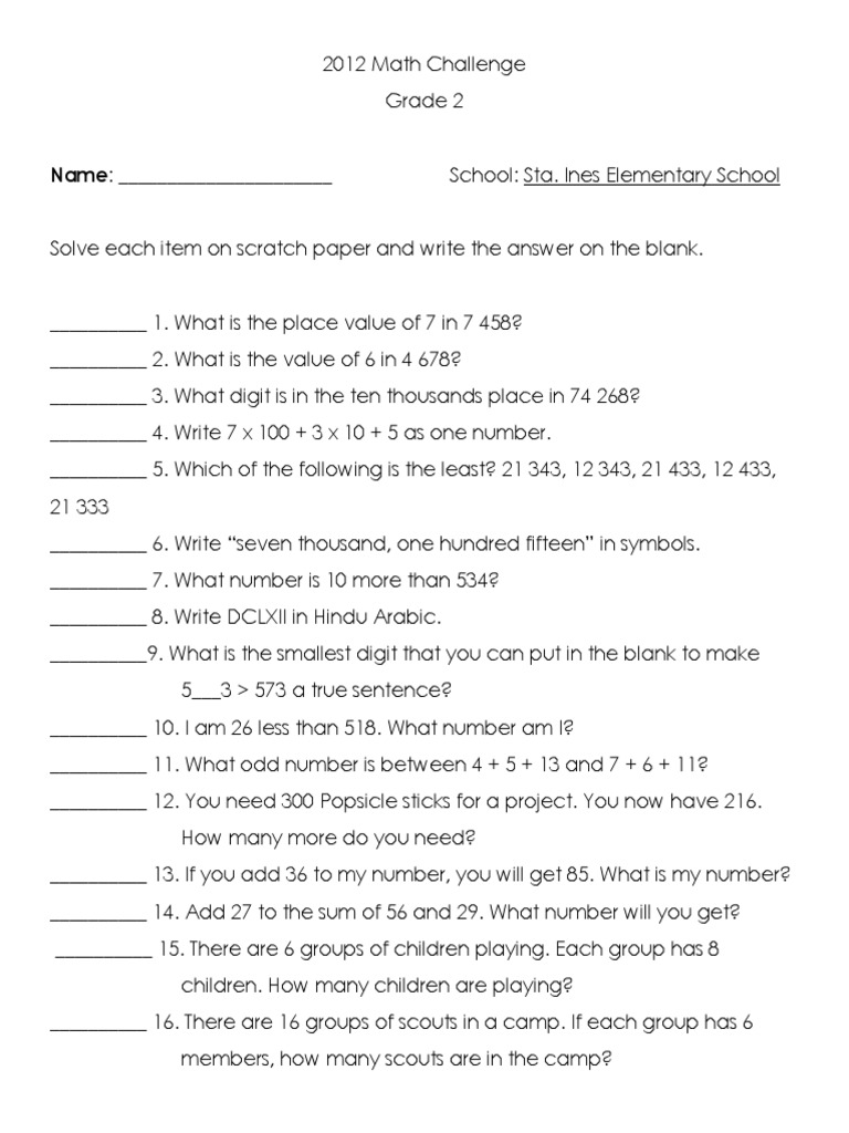 Math Challenge Grade 2 | PDF | Notation | Teaching Mathematics